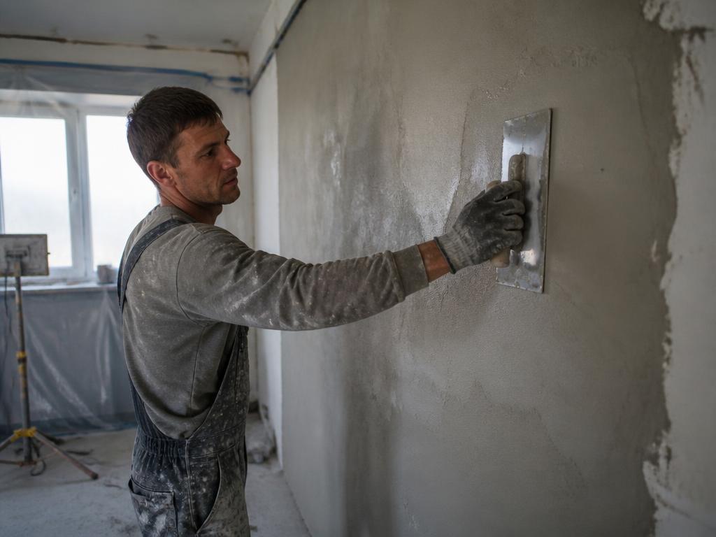 Stukadoor werkt een wand af met een spaan