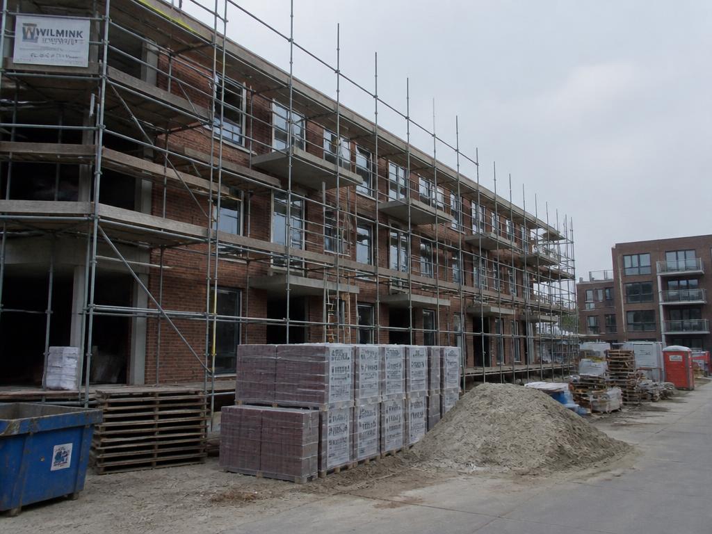 Appartementencomplex in aanbouw met steigers en bakstenen gevel